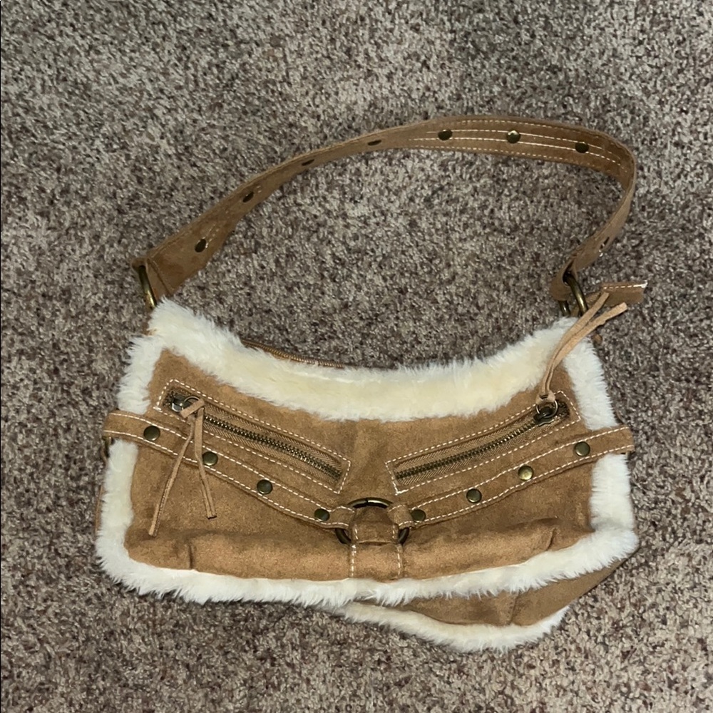 Tan Suede and White Fur Women's Bag
